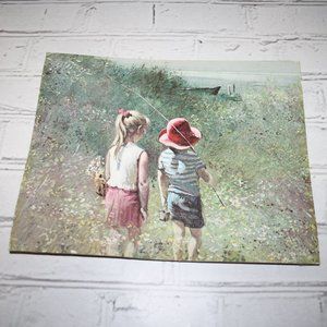 Vintage painting of two children fishing 9.25 x 11.75"